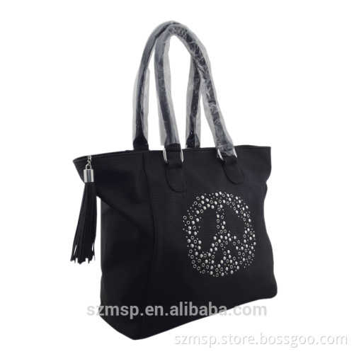 2014 lastest fashion rivet genuine leather lady tote shoulder lady bag